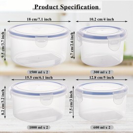 ZOFUN 8 Pcs Food Storage Containers with Lids Airtight, 300/600/1000/1500 ml Plastic Food Containers BPA Free, Round Fruit Storage Containers for Fridge, Clear Freezer Storage Boxes Dishwasher Safe