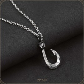 ZIYMU zm-p-071 Men's Necklace, Fish Hook, Fishhook Pendant, Cable Chain, Stainless Steel, 19.7 inches (50 cm), Silver, Stainless Steel, No Gemstone