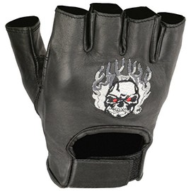 Shaf International Fingerless Leather Gloves with Fire Skull Embroidery (Black, Small)