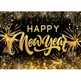 LYCGS 7x5ft Happy New Year Backdrop Black and Gold New Year Photo Backdrop Banner X-319