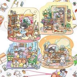 4 Sets 3D Fun Mini House Scene Stickers with Tweezers Make Your Own Underwater World Bakery Learning Room Florist Sticker Scenes Cute Room Craft Micro Stickers for Relief Stress Pass The Time