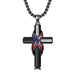 Cargari American Flag Cross Necklace for Men 925 Sterling Silver Cross Pendant Patriot Cross Necklace Religious Jewelry Christmas Gifts for Father Son Brother Husband(Black)