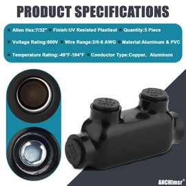 Insulated Inline Splice Connector, 2/0-6 AWG, Aluminum to Copper Wire Connectors, Dual Sided Entry Cable Splicers, 7/32" Slotted Allen Hex Insulated Cable Connectors (5 Pack)