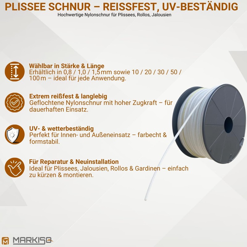 markiso Pleated Cord, 1.5 mm, White, 10 Metres, Tear-Resistant and