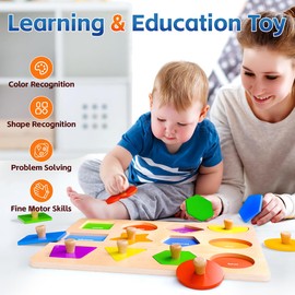 Wooden Shape Peg Puzzles for Toddlers 1 2 3 Year Old Boys Girls Gifts: Shape Sorter & Color Match Baby Puzzles 12-18-24 Months - Montessori Toys for 1 2 3 Year Old Toddler Learning Activities