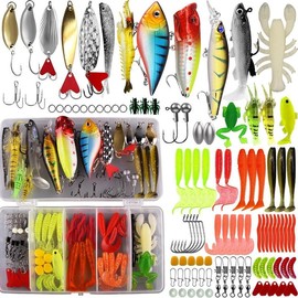 Fishing Lures Tackle Bait Kit Set - Comprehensive Fishing Lures Kit for Trout Bass Salmon - Includes Plastic Shrimp, Worm Bait, Spoon, and Crankbait Jigs - Color: 108