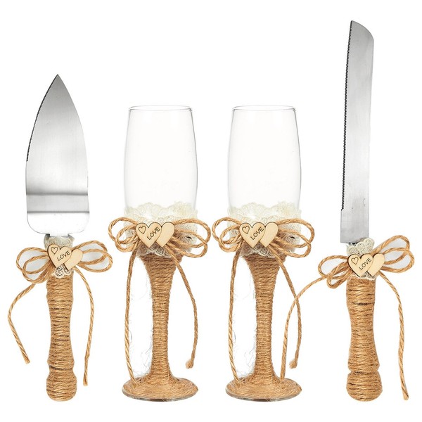 4 Piece Rustic Wedding Cake Knife and Server Set with Champagne Glasses for Bride and Groom, Country Theme
