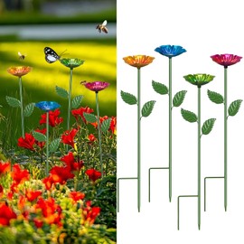 Yonisun 4 Pack Bee Watering Station,Colorful Metal Bee Cups for Garden, Butterfly Feeder and Pollinator Bath with Flower Design, Outdoor Yard Decor (Flower-Red, Blue,Yellow, Green)