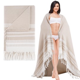 Genovega Oversized Giant Turkish Beach Towel Blanket Extra Large XXL Lightweight Quick Dry Sand Free Boho Throw Pool Cloud Sandrpoof Blankets Women Men Big Jumbo Wide 2 Person Size Beige