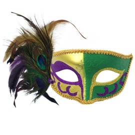 Pretishows Mardi Gras Mask with Feather,Painted Carnival Masquerade Mask,Venetian Masks for Women Gold/Green