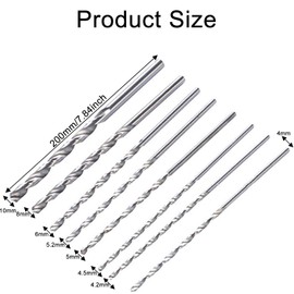 Belvanr Pack of 8 Long Wood Drills, Extra Long Drill Bits, Total Length: 200 mm, Diameter: 4-10 mm, for Metal Power Tools, Drilling Wood, Aluminium and Plastic (Silver)