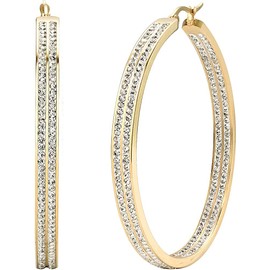 LOLIAS Stainless Steel Large Band Hoop Earrings Women's Rhinestone Silver Tone Hypoallergenic Earrings CZ 50 mm, Stainless Steel