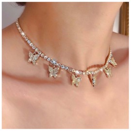 Allereya Crystal Butterfly Pendant Necklace, Gold Rhinestone Butterfly Necklace, CZ Butterfly Necklace, Shiny Chain Necklace, Jewelry for Women and Girls (Gold), Metal, Rhinestone