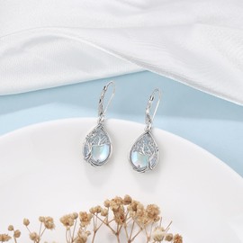 Odinstone Tree of Life Moonstone Earrings Teardrop Dangle Drop Leverback Earrings 925 Sterling Silver Hypoallergenic Family Tree of Life Earrings Jewelry for Women