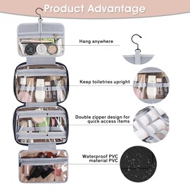 Travel Toiletry Bag for Women, Waterproof Cosmetic Travel Organizer, 4 Compartments, Hanging Makeup Cosmetic Bag for Accessories, Full-Sized Shampoo, Conditioner, Travel Size Toiletries (Black)