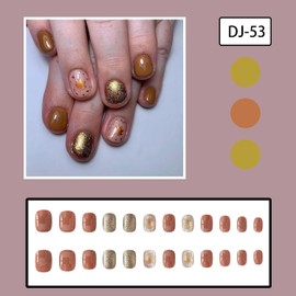 Fall Press on Nails Extra Short Square OFDNE Fake Nails Golden Shimmer False Nails with Designs Maple Leaves Full Cover Glossy Glue on Nails Reusable Acrylic Nails for Women Girls 24 Pcs
