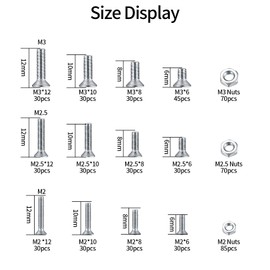 600 Pcs M2/M2.5/M3 Countersunk Head Flat Head Socket Cap Hexagonal Machine Screws Bolts Nuts, Stainless Steel Hexagonal Countersunk Bolts and Nuts Assortment Kit, with 3 Pcs Hex Wrenches