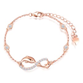 MicLee "Dolphin Love" Women's Simple Bracelet Cubic Zirconia 925 Sterling Silver Allergen-Free Dolphin Infinity Sign Bangle Bracelet with Gift Bag Super Gift for Mother Girlfriend, Sterling Silver,