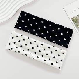 LYLYNB 2 Pack Black White Headband Set, Polka Dot Elastic Headbands Cute Hair Accessories Non Slip Fashion Head Bands Retro Design Head Wraps Soft Wide Headband for Women Hair Styling Supplies
