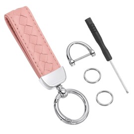 PATIKIL Leather Car Keychain, Genuine Key Chain Holder Universal Decorative 360 Degree Rotatable Key Fob with Silver Tone Anti-Lost D-Ring and Screwdriver for Men and Women, Light Pink