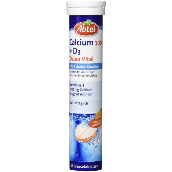 Abtei Calcium 1000 + D3 Osteo Vital - High Dose Calcium Effervescent Tablets - for Maintaining Healthy Bones - Orange Flavour - Suitable for Vegetarians - 15 Effervescent Tablets