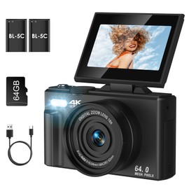 4K Digital Camera for Photography, Autofocus Anti-Shake 64MP Vlogging Camera for YouTube, 3'' 180° Flip Screen 18X Zoom Compact Camera with 64GB SD Card and 2 Batteries for Beginner Teenager, Black
