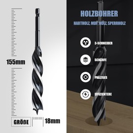 MOXPIFY 18 x 155 mm Wood Auger Drill Bit for Softwood, Hardwood with Centre Point and E 9.5 Shank