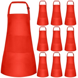 BOUBONI 10 Pcs Kids Apron with 2 Pockets Adjustable Kids Chef Apron Bulk for Cooking Baking Painting Crafting (Red)