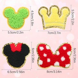 Aunifun 16 PCS Chenille Mouse Head Patches, Cute Mouse Bowknot Crown Iron on Patches for Clothing Gold Trim Embroidered Patches Set Applique Chenille Patches for DIY Decors