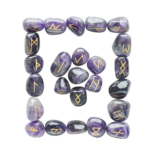 FASHIONZAADI Amethyst Runes Stones Set With Futhark Runic Alphabet Mix Shape Stone Rune Words for Crystal Reiki Healing Meditation Fortune Telling Spiritual Gift Set Size 15-20mm