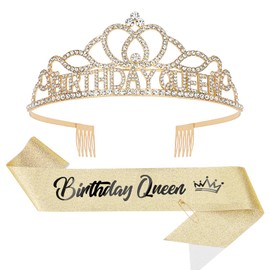 CIEHER Gold Birthday Decorations - Birthday Queen Tiaras and Sash Set, Birthday for Women Girls Birthday Sash Birthday Tiara