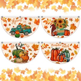 4 Pack Hello Fall Fan Flag Pumpkin Patch Bunting Flag Welcome Fall Harvest Time Half Fan Banner Thanksgiving Flag Decoration