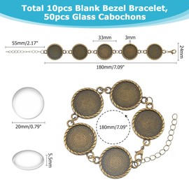Hobbspring Bracelet Blank Bezel Settings 10pcs Vintage Retro Cabochon Tray Bracelets with 50pcs Glass Cabochons Antique Bronze Half Round DIY Blank Dome Bracelet for Jewelry Making DIY Crafts,