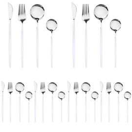Dnalrhoi 24-Piece Korean White Silver Silverware Sets Mirror Polished Stainless Steel Modern Flatware Cutlery Set Service for 6 Including Forks Spoons Knives Kitchen(White Silver)