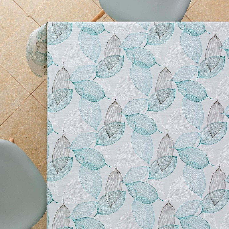 KP HOME Wipe Clean Tablecloth Grey And Teal Leaves Pattern