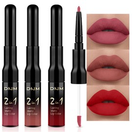 3Pcs Ruby Red Nude Pink Mauve Matte Liquid Lipstick and Lip Liner Stain Sets for Women DNM Long Lasting 24 Hours Red Stay on Matte Lipstick labiales matte larga duracion 24 mate 24 horas originales