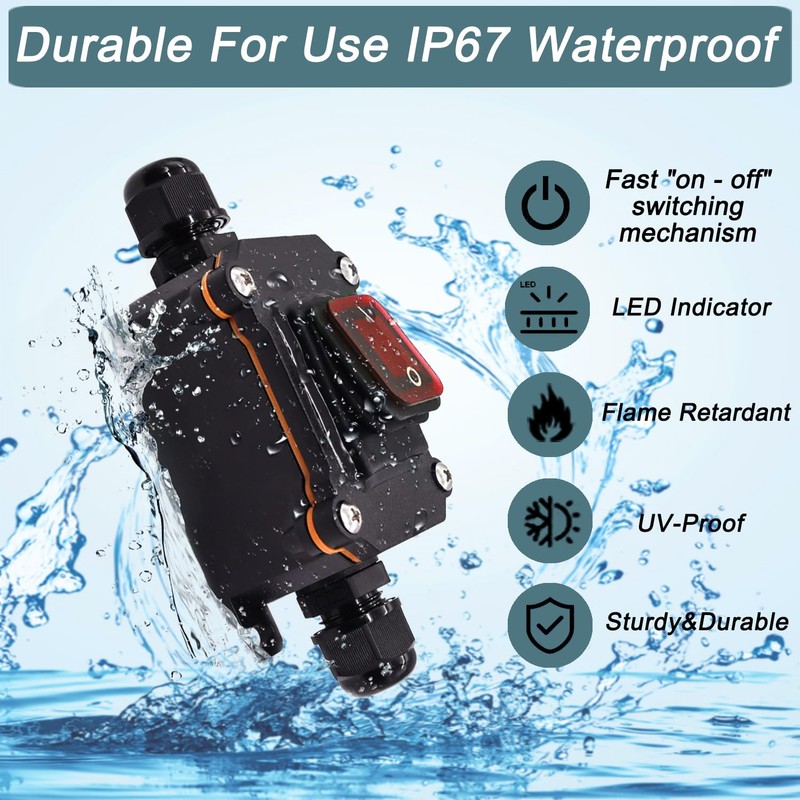 KarlKers IP67 Waterproof Inline Cord Switch DPST AC 20A-125V,16A-250V, On