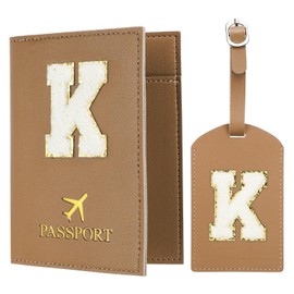 PATIKIL Passport Holder for Travel, Initial Passport Cover and Luggage Tag Set with Alphabet Chenille Letter Patch Travel Wallet Bag Suitcase Identifier for Women Family Travel Brown K
