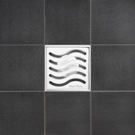 SereneDrains 304 Stainless Steel 4 Inch Square Polished Chrome Shower Drain Kit Ocean Wave with Base for Tile Floor Drain Grate Cover Hair Catcher Trap Strainer (Polished Stainless Steel, Cast Iron)