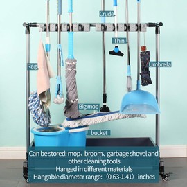 QTJH broom and mop holder put wet mops movable Commercial mop rack cleaning tool cart storage for garden garage organizer mop drain rack
