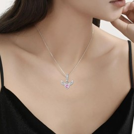 KunBead 18 inch Guardian Angel Wings Birthday Pink Heart Birthstone Charm Pendant Necklace for Women