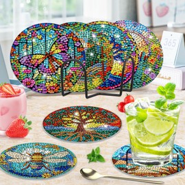 9PCS Stained Glass Diamond Painting Coasters with Holder, Diamond Art Coasters for Adults Kids Beginners, DIY Funny Drinks Coasters with Cork, Craft Sets Gifts for Women Girls Kids