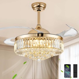 liangeight 42 Inch Fandelier Ceiling Fan with Light, Chandelier Ceiling Fan for Bedroom Living Room, Dimmable, 6 Wind Speed. Reversible Motor, Memory Function-Gold