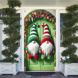 BlissYard Christmas Door Cover Decoration Merry Christmas Gnome Door Hanging Banner Backdrop Red Green Hat Door Cover Photography Background Winter Xmas New Year Decor 71x35 （Banner Not a Real Wreath）