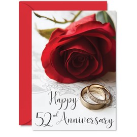 52nd Anniversary Card for Women Men - Gold Rings Red Rose - Happy Wedding Anniversary Cards for Mum Dad Grandad Grandma Auntie Uncle, A5 Greeting Cards