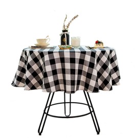 Buffalo Plaid Round Tablecloth Checkered Cotton Linen Table Cover for Kitchen Dining Room Home Decor (Round - 55 Inch, White & Black)