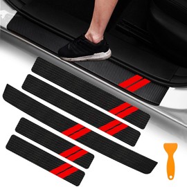 Door Sill Protector Set of 5 Universal Car Door Sill Protector Anti-Scratch Protective Stripes Threshold for Cars Trucks Carbon Fiber Leather Self-Adhesive Decals with Plastic Scraper (Red)
