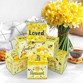 6 Pcs Cute Blocks Nursery Decor Bee Theme Wood Tabletop Cartoon Bee Party Decorations Wooden Inspirational Table Blocks for Kids Room Playroom Nursery Home Decor