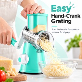 Rotary Cheese Grater for Everyday Food Prep – 3 Interchangeable Blades and Hand Crank with Suction Base for Home Kitchens