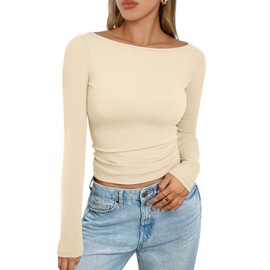 Trendy Queen Women's Boat Neck Tops Long Sleeve Shirts Casual Fitted Tee Shirts Solid Color Fall Basic Clothes Apricot S
